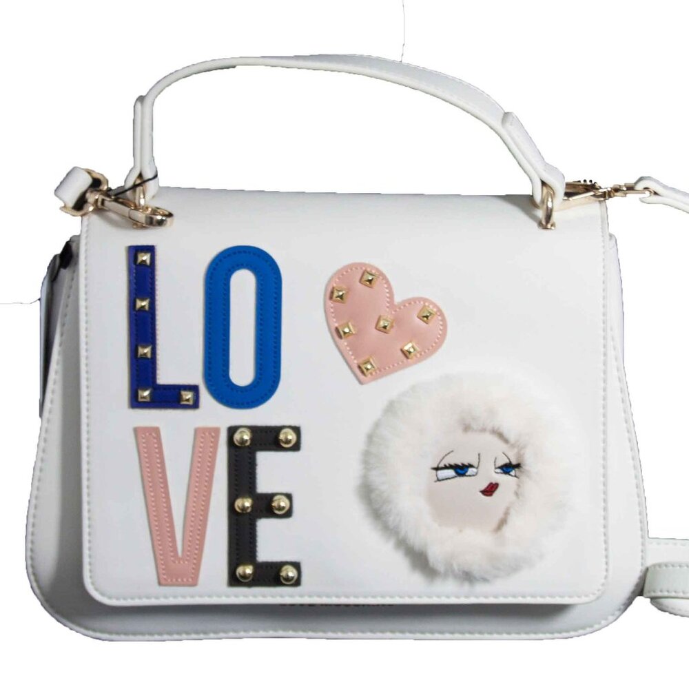 NEWT 100%AUTH LOVE MOSCHINO SHOULDER BAG WHITE FAUX LEATHER W STUDS PATCHES
